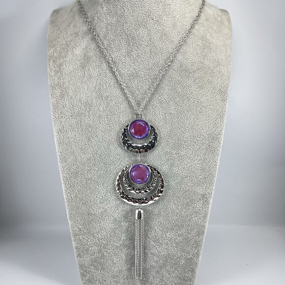 Silver Tone Boho Purple Glass Rhinestone Hammer Finish Pendant Tassel Necklace - Picture 2 of 8